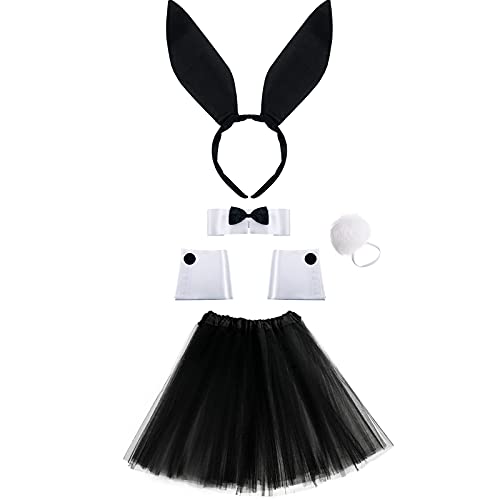 SATINIOR Damen Hase Kostüm Set Hasenohr Stirnband Kragen Fliege Manschetten Kaninchen Schwanz Tutu Rock für Ostern Party (Schwarz) von SATINIOR