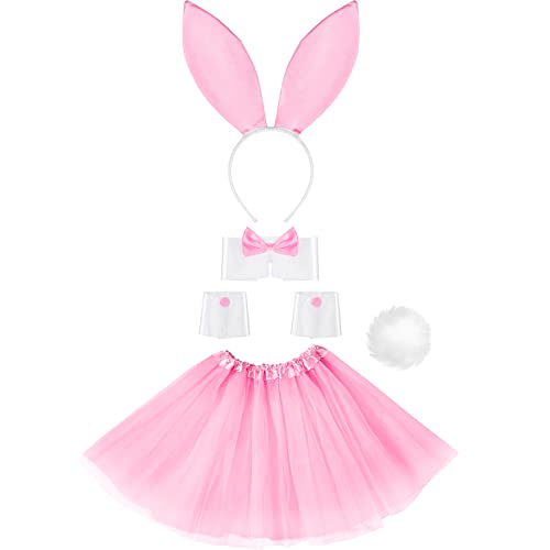 SATINIOR Damen Hase Zubehör Kostüm Set, Kaninchenohr Stirnband, Manschetten, Kragen Fliege, Kaninchen Schwanz für Halloween Weihnachten Cosplay Party (Rosa) von SATINIOR