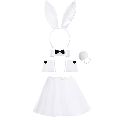 SATINIOR Damen Hase Zubehör Kostüm Set, Kaninchenohr Stirnband, Manschetten, Kragen Fliege, Kaninchen Schwanz für Halloween Weihnachten Cosplay Party (Weiß) von SATINIOR