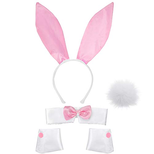 SATINIOR Frauen Hasen Zubehör Set Kaninchenohr Stirnband Kragen Fliege Kostüm Manschetten Kaninchen Schwanz für Halloween Weihnachten Kostüm Cosplay Party (Rosa und Weiß) von SATINIOR