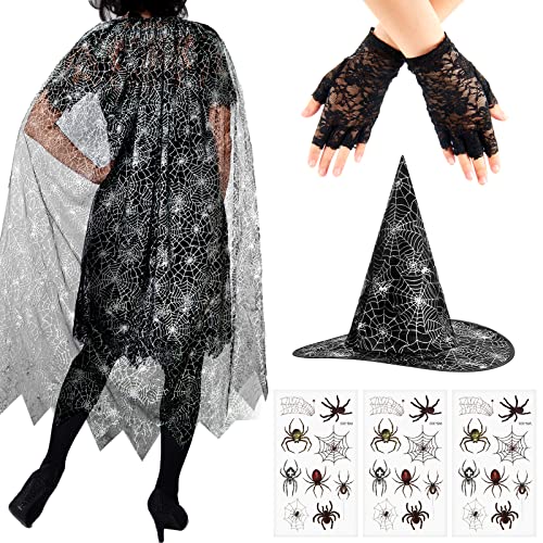 SATINIOR Halloween Damen Hexen Kostüme Spinnen Kostüm für Erwachsene Frauen Netz Umhang und Hut Fingerlose Spitzenhandschuhe Spinnen Tattoos Party Verkleidung Outfits (Klassischer Stil) von SATINIOR