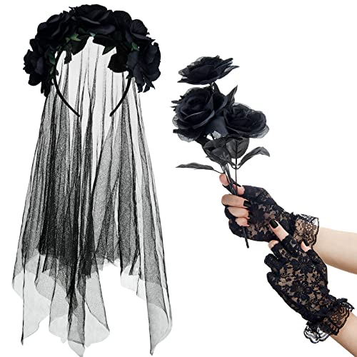 SATINIOR Halloween Kostüm Netz Schleier mit Rosen Blumenkranz Stirnband Rosenstrauß Fingerlose Spitzenhandschuhe Tag der Toten Kostüm Accessoires (Schwarz) von SATINIOR