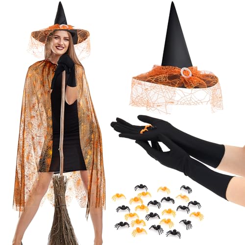 SATINIOR Halloween Hexen Kostüme für Frauen Spinnen Kostüm Enthalten Spinnennetz Umhang für Damen Schwarze Handschuhe Spitzen Hexenhut und 20 Kleine Künstliche Spinnen (Orange, Innovativ) von SATINIOR