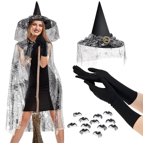 SATINIOR Halloween Hexen Kostüme für Frauen Spinnen Kostüm Enthalten Spinnennetz Umhang für Damen Schwarze Handschuhe Spitzen Hexenhut und 20 Kleine Künstliche Spinnen (Silber, Klassisch) von SATINIOR