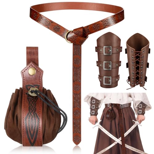 SATINIOR Halloween Nekromanten Anzug Mittelalterliche Accessoires Set Mittelalter Armschienen Geprägter Gürtel Kunstleder Gürtelbeutel für Wikinger Piraten Hexe Ritter (Keltischen Knotenprägemuster) von SATINIOR