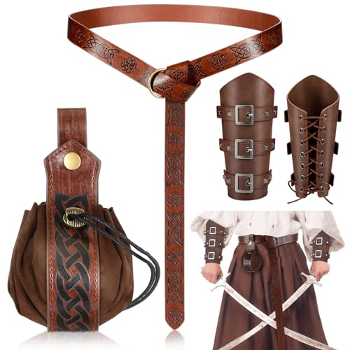 SATINIOR Halloween Nekromanten Anzug Mittelalterliche Accessoires Set Mittelalter Armschienen Geprägter Gürtel Kunstleder Gürtelbeutel für Wikinger Piraten Hexe Ritter (Prägemuster) von SATINIOR