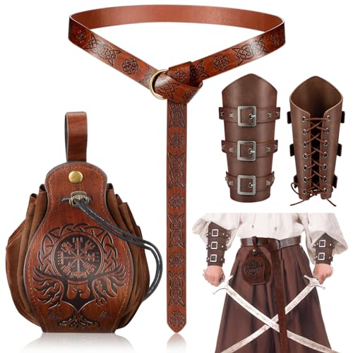 SATINIOR Halloween Nekromanten Anzug Mittelalterliche Accessoires Set Mittelalter Armschienen Geprägter Gürtel Kunstleder Gürtelbeutel für Wikinger Piraten Hexe Ritter von SATINIOR