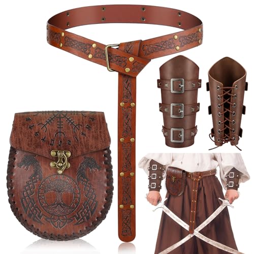 SATINIOR Halloween Nekromanten Anzug Mittelalterliche Accessoires Set Mittelalter Armschienen Geprägter Mittelalter Gürtel Kunstleder Gürtelbeutel für Wikinger Piraten Hexe von SATINIOR