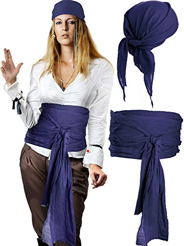 SATINIOR Halloween Piraten Kostüm Mittelalterlich Renaissance Pirat Bandana und Große Schärpe Kostüm Gürtel Zubehör (Marine, Leinen) von SATINIOR