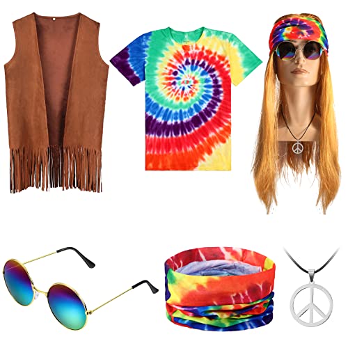 SATINIOR Herren Hippie-Kostüm-Set, Batik-T-Shirt, Fransenweste für Karneval, Party, Halloween, Cosplay (klein) von SATINIOR