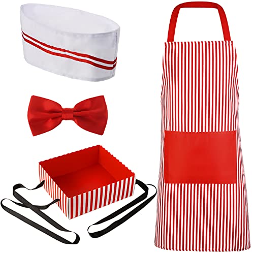 SATINIOR Kellnerkostüm Kit für Erwachsene 4 Stück inklusive Kochhut Papier Partytablett mit Riemen rot und weiß gestreifte Schürze Clip on Fliegen für Damen Herren, Einheitsgröße von SATINIOR