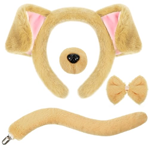 SATINIOR Kostüm Set Tierkostüm Set Ohr Stirnband Künstliche Nase Fliege und Schwanz Kinder Erwachsene Kostümzubehör für Karneval Halloween Cosplay(Hellbraun,Neuheit Hund) von SATINIOR