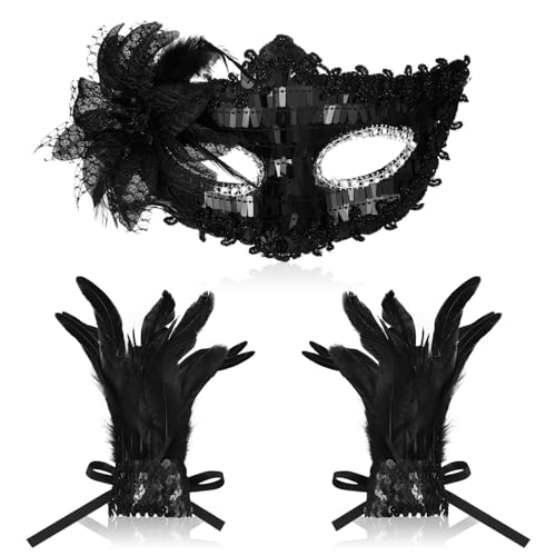 SATINIOR Maskerade Maske und Gotischen Feder Manschetten Venezianischen Pailletten Party Maske für Frauen Halloween Rollenspiel Kostüm Karneval Maskenball von SATINIOR