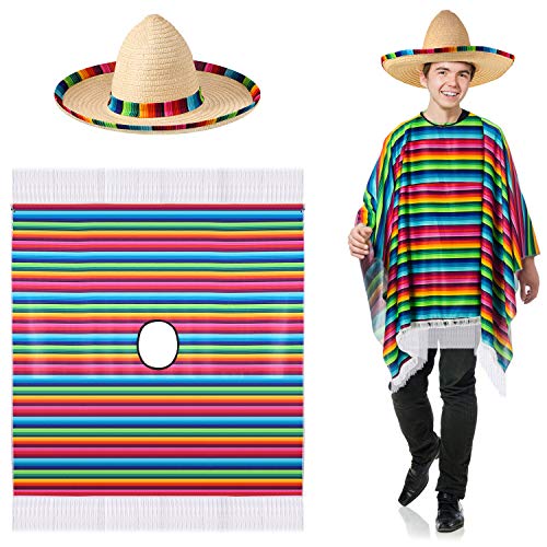 SATINIOR Mexikanisches Serape Poncho Kostüm Mexikanischer Sombrero mit Rainbow Serape Edge und Band(Erwachsener) von SATINIOR