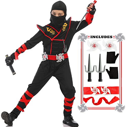 SATKULL Ninja-Kostüme für Kinder, Jungen, Halloween-Ninja-Kostüm, Deluxe-Ninja-Kostüm-Set mit Ninja-Schaumstoff-Zubehör, Spielzeug für Halloween-Party (Kinder, Größe XL - 10/12T) von SATKULL