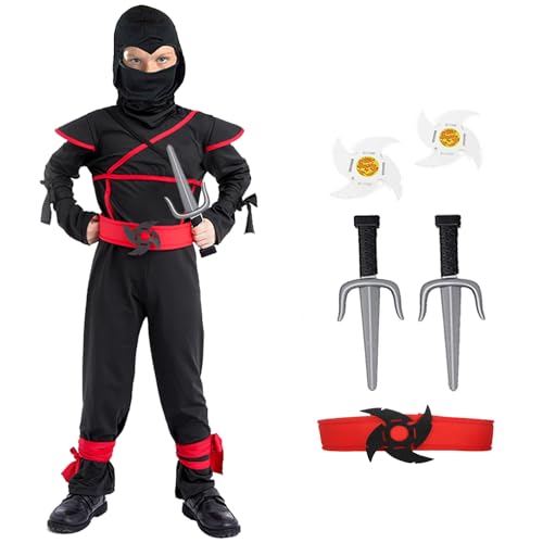 SATKULL Ninja-Kostüme für Kinder, Jungen, Halloween-Ninja-Kostüm, Deluxe-Ninja-Kostüm-Set mit Ninja-Schaumstoff-Zubehör, Spielzeug für Halloween-Party (Kinder, Größe XL - 10/12T) von SATKULL