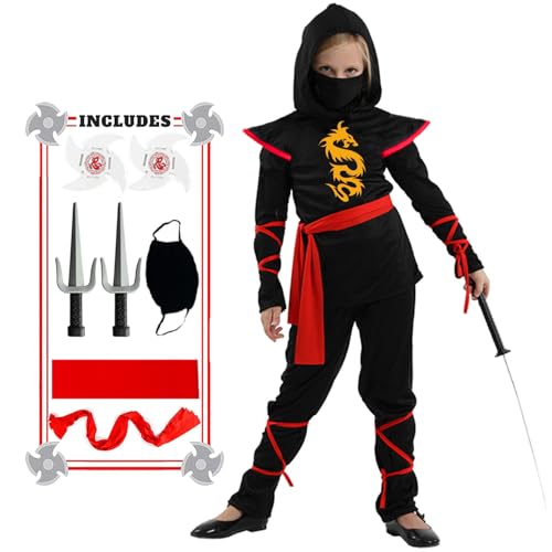 SATKULL Ninja Kostüm Ninja Deluxe Kostüm Set für Kinder Halloween Party Dress Up Ninja Rollenspiele Weihnachtsfeiern (Kinder-XL), Schwarz von SATKULL