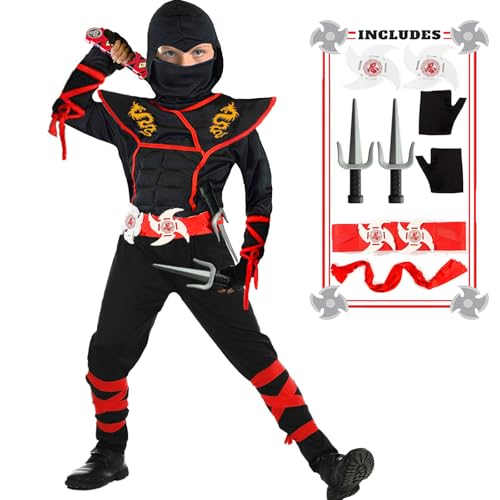 Ninja-Kostüm für Jungen, Halloween, Kinderkostüm, Jungen, Ninja-Muskel-Kostüm mit Ninja-Schaum-Zubehör, tolles Geschenk für Kinder (Körpergröße: 117,8 - 124,4 cm) von SATKULL