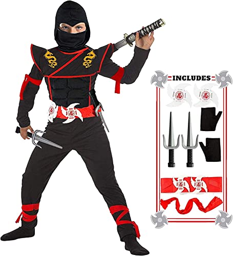 SATKULL Ninja Kostüm Junge & Mädchen Halloween Luxus Kostüm Drache Ninja Muskel Kostüm mit Ninja Schaum Zubehör Beste Kinder Geschenke (M-6-7 Jahre) von SATKULL