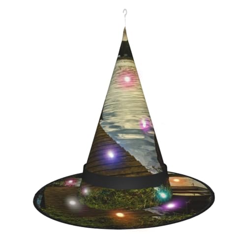 SATUSA Hexenhut mit Motiv "Boot am See", Halloween-Dekoration, Hexenhut, zum Aufhängen, beleuchteter leuchtender Hexenhut für Halloween-Partyzubehör von SATUSA