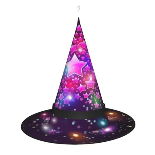 SATUSA Hexenhut mit bunten Sternen, Halloween-Dekoration, Hexenhut, zum Aufhängen, beleuchtet, leuchtender Hexenhut für Halloween-Party-Zubehör von SATUSA