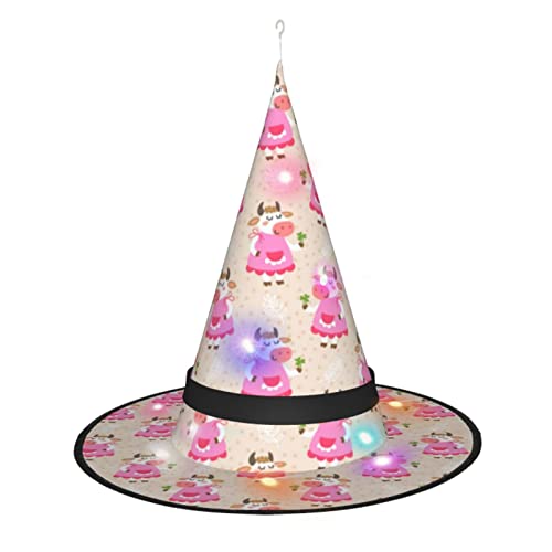 SATUSA Hübscher rosa Cartoon-Kuh-Druck, Halloween-Dekoration, Hexenhut, beleuchteter Hexenhut zum Aufhängen, beleuchteter leuchtender Hexenhut für Halloween-Partyzubehör von SATUSA