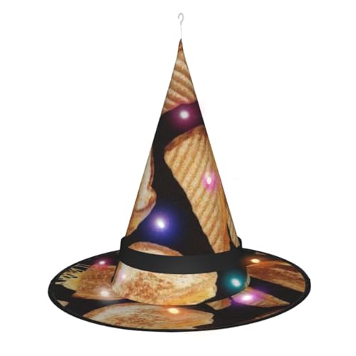 SATUSA Käsesandwiches-Druck, Halloween-Dekoration, Hexenhut, beleuchteter Hexenhut, hängend, beleuchtet, leuchtender Hexenhut für Halloween-Partyzubehör von SATUSA