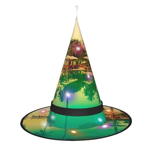 Sommer-Kokosbaum-Druck, Halloween-Dekoration, Hexenhut, beleuchteter Hexenhut, hängend, beleuchtet, leuchtender Hexenhut für Halloween-Partyzubehör von SATUSA