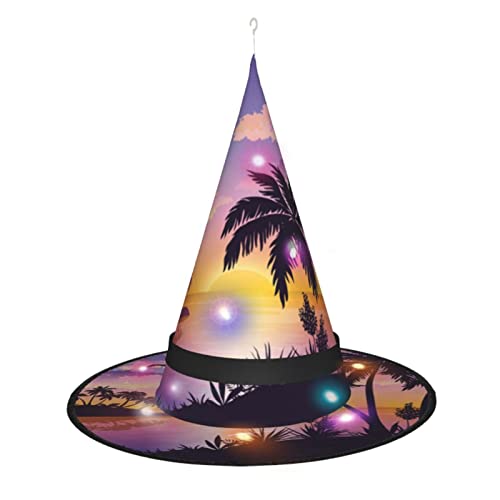 Sommerpalmen-Druck, Halloween-Dekoration, Hexenhut, beleuchteter Hexenhut, hängend, beleuchtet, leuchtender Hexenhut für Halloween-Partyzubehör von SATUSA