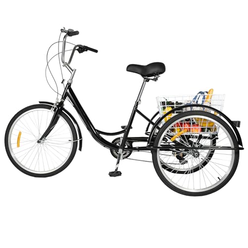 24 Zoll Dreirad für Erwachsene 3-Räder Fahrrad Senioren Erwachsenendreirad Unisex Geschwindigkeit Tricycle 8 Gang mit Einkaufskorb Tricycle Schwarz von SAUADY