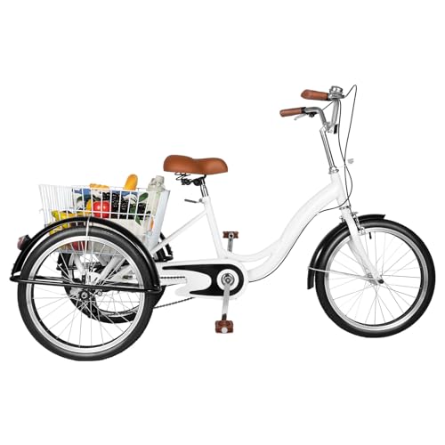 Tricycle Dreirad 3 Rader Seniorenrad Erwachsenendreirad mit Einkaufskorb 20 Zoll für Männer Frauen ältere Menschen und Erwachsene Weiß 163.5 * 62.5CM von SAUADY