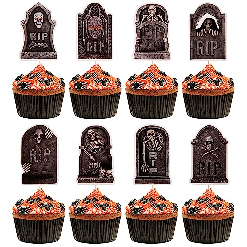 48 Stück Grabsteine Kuchenaufsatz, Halloween Cake Topper Grabstein Cupcake Topper Gruselige Halloween Cupcake Picks Friedhofs Kuchenaufsatz, Dekoration für Halloween-Party von SAVITA