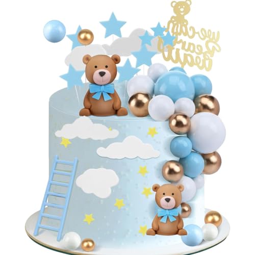 SBOACXC 24 PCS Teddybär Kuchen Dekoration Kuchen Deko Mädchen Tortendeko Blau&Gold Babyparty Torten Deko DIY Tortendeko Hochzeit für Hochzeit Hochzeitstag Geburtstag Babyparty von SBOACXC