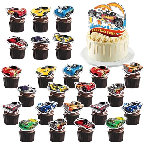 25 Stück Car Tortendeko Jungen, Car Kuchen Deko Kindergeburtstag, Cake Topper Set, Baby Shower Sportthema Happy Birthday Topper für Jungen Party Kuchen Dekoration Supplies von SBOACXC