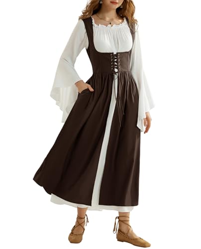 Mittelalter Damen Trachtenkleid Vintage mit Schnürung Flowy Swing Zweiteiligers Kleid Dunkelbraun M von SCARLET DARKNESS