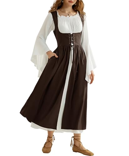 Renaissance-Feenkostüm für Damen, Mittelalter-Kostüm, irisches Set, Kleid, langärmelig, Bauernkleid, Braun, Größe L von SCARLET DARKNESS