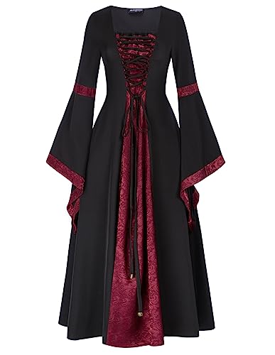 SCARLET DARKNESS Damen Renaissance Kostüm Lace-up vorne mit Trompetenärmel Renaissance Lange Kleider Cosplay Kostüm Schwarz XXL von SCARLET DARKNESS