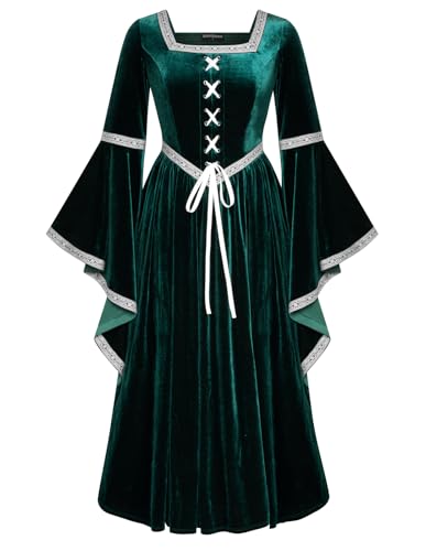 SCARLET DARKNESS Mittelalter Lang Samtkleid Damen mit Kordelzug Renaissance Gesmokt Maxikleid Party XXL Dunkelgrün von SCARLET DARKNESS