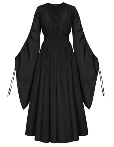 Scarlet Darkness Mittelalterliches Kleid für Damen, Renaissance-Kleid, schwarz, Halloween, Hexenkostüme, lange Glockenärmel, Kleid, Schwarz, Größe L von SCARLET DARKNESS