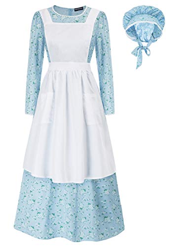 SCARLET DARKNESS Pioneer Damen Blumen-Prairie-Kleid Deluxe Kolonial Kleid Laura Ingalls Kostüm, Blau, S von SCARLET DARKNESS