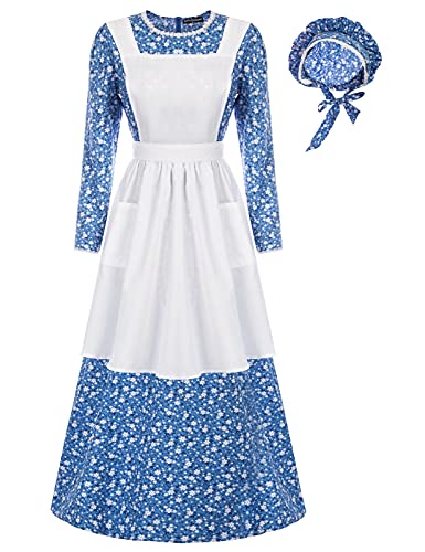 SCARLET DARKNESS Pioneer-Kostüm für Damen, florales Prärie-Kleid, Deluxe-Kleid, Kolonialkleid, Laura Ingalls Kostüm, Blau-Weiß, S von SCARLET DARKNESS