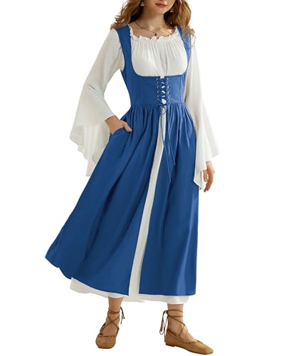 Scarlet Darkness Renaissance Kostüm Damen Pirat Bauernkleid Mittelalter Kostüm Langes Maxikleid Blau L von SCARLET DARKNESS