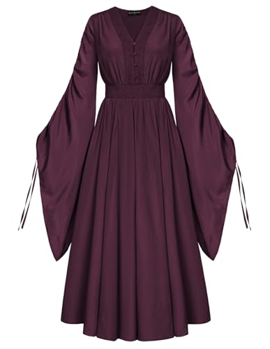 Scarlet Darkness Renaissance-Kostüm für Damen, Feenkleid, V-Ausschnitt, Kordelzug, Glockenärmel, langes Kleid mit Taschen, rotlila, XL von SCARLET DARKNESS