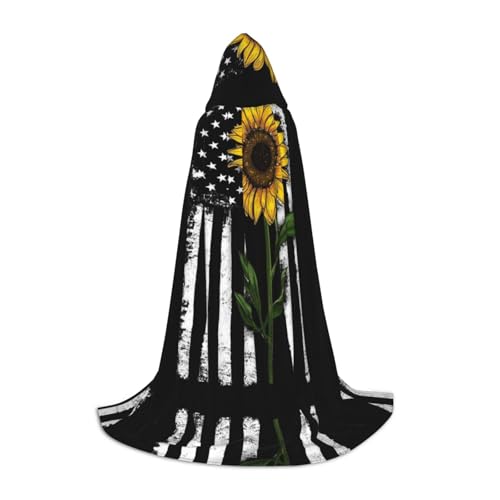 SCAUA Kapuzenumhang mit Sonnenblume und amerikanischer Flagge, Unisex, Umhang mit Kapuze, Halloween-Umhang, Hexenumhang, Cosplay-Kostüm für Jugendliche von SCAUA