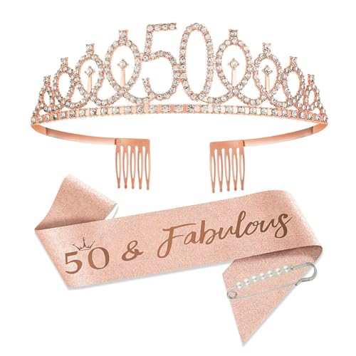 SCBOY 50 Geburtstag Frau Geschenke zum 50. Geburtstag Frau Rose Gold Krone Tiara und Deko Schärpe für Birthday Party Decorations von SCBOY