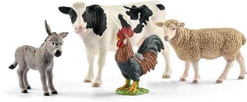 schleich 42385 FARM WORLD Starter-Set inkl. 4 schleich Bauernhoftiere: Kuh, Schaf, Esel & Hahn, Tierfiguren für Kinder ab 3 Jahren von SCHLEICH