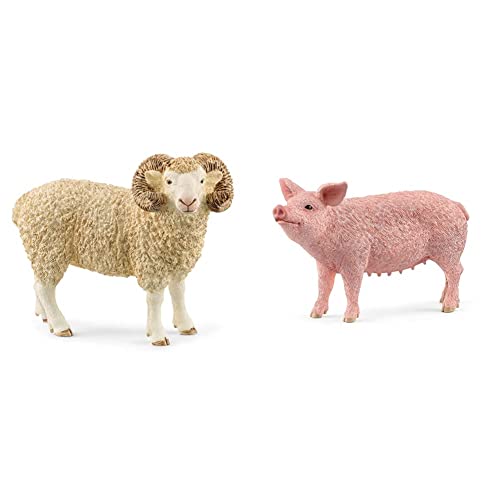 SCHLEICH 13937 Widder, für Kinder ab 3+ Jahren, Farm World - Spielfigur & 13933 Schwein, für Kinder ab 3+ Jahren, Farm World - Spielfigur von SCHLEICH