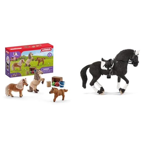 SCHLEICH 41432 Mini Shetty Familie, ab 5 Jahren & Horse Club 42457 4-TLG Turnier Reithengst Spielset - Realistische Pferde Figur von SCHLEICH