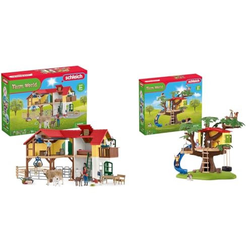 SCHLEICH 42407 Farm World Bauernhaus mit Stall und Tieren & 42408 Farm World Abenteuer Baumhaus, 60 Teile Spielset von SCHLEICH