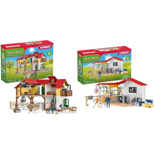 SCHLEICH 42407 Farm World Bauernhaus mit Stall und Tieren & 42502 Farm World Tierarzt-Praxis mit Haustieren von SCHLEICH